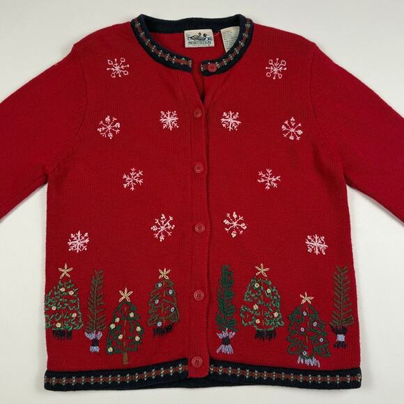 Vintage Christmas Tree Snowflake Winter Cute Grandma Red Button Sweater Small - Picture 2 of 8